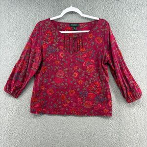 Lauren Ralph Lauren Petite PL Red Floral Peasant Top Blouse 3/4 Sleeve Boho